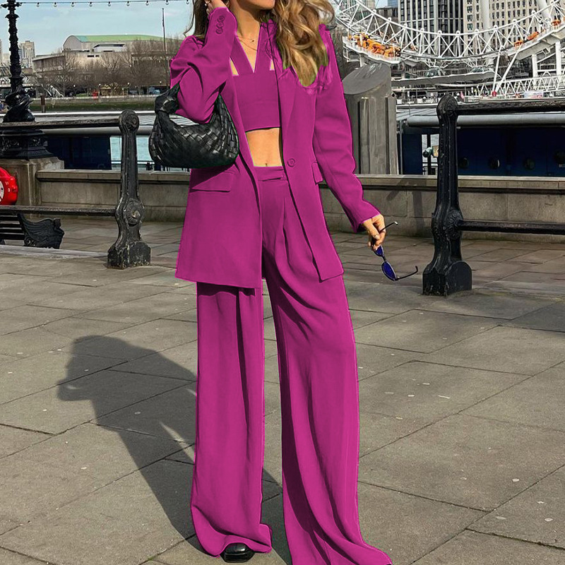 Women Fashion Elegant Long-Sleeved Solid Color Blazer Loose Pants Office Chic Set