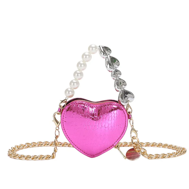 Children Kids Baby Fashion Girls Solid Color Peal Heart Shape Crossbody Handle Bag