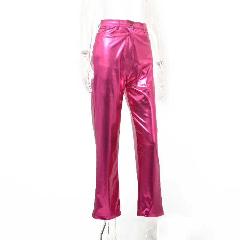 Women Fashion Solid Color Tight Stretch PU Straight Pants