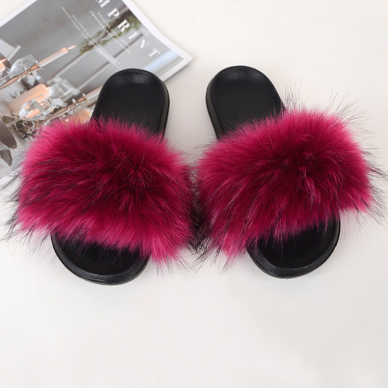 ( 2 pair ) Wholesale Women Winter Fashion Plus Size Faux Fox Fur Plush Flat Slippers