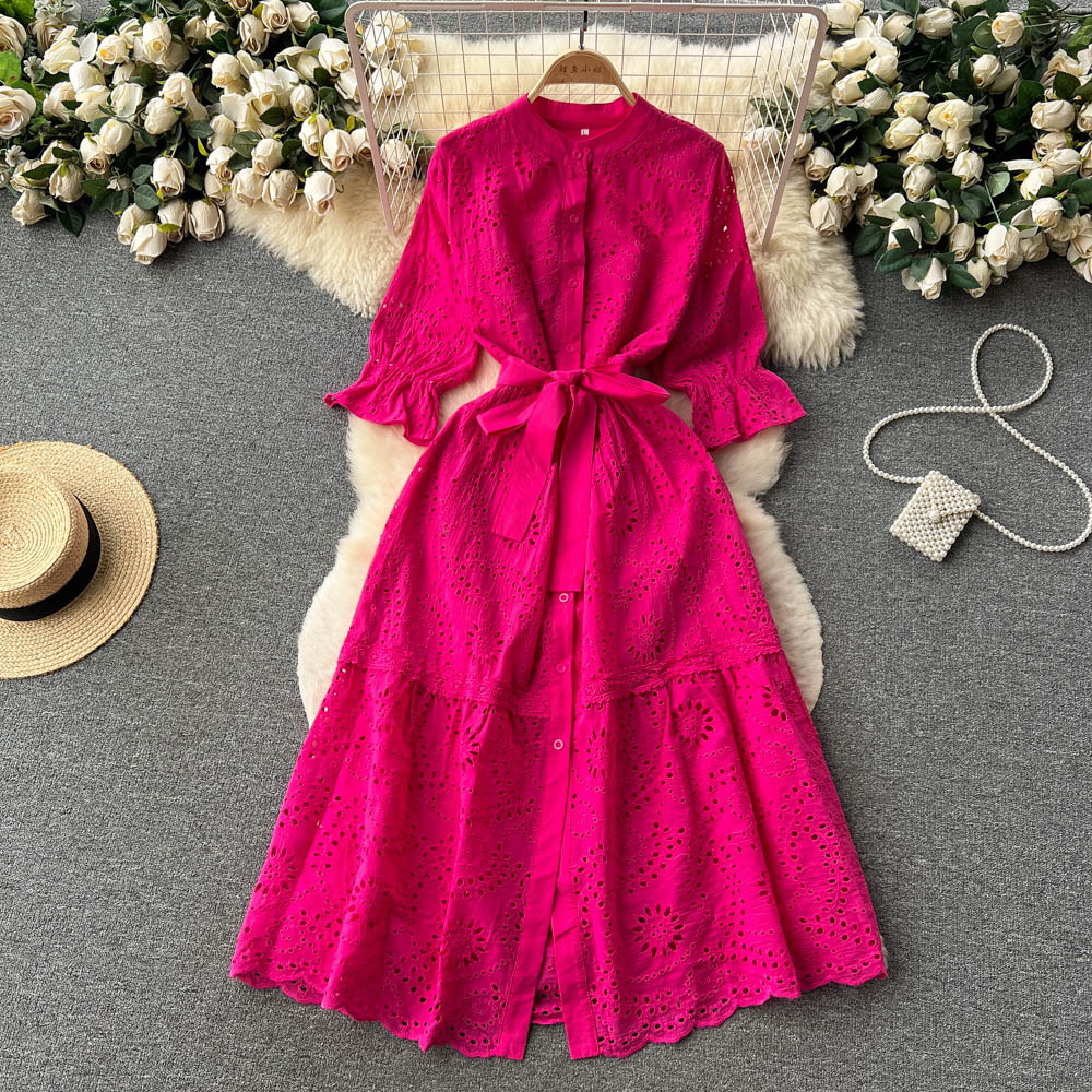 Women Elegant Boho Vacation Solid Color Embroidered Hollow Slim Cropped Sleeve Lace-Up Mid-Length Dress