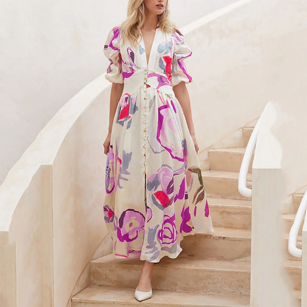 Women Vacation Beach Swing Elastic Fabric Floral Printed Buttoned Half Sleeve V Neck Casual Maxi Shirt Dress