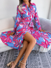 Women Ramadan /Eid Fashion Casual Floral Print Lace-Up Long Sleeve Dress