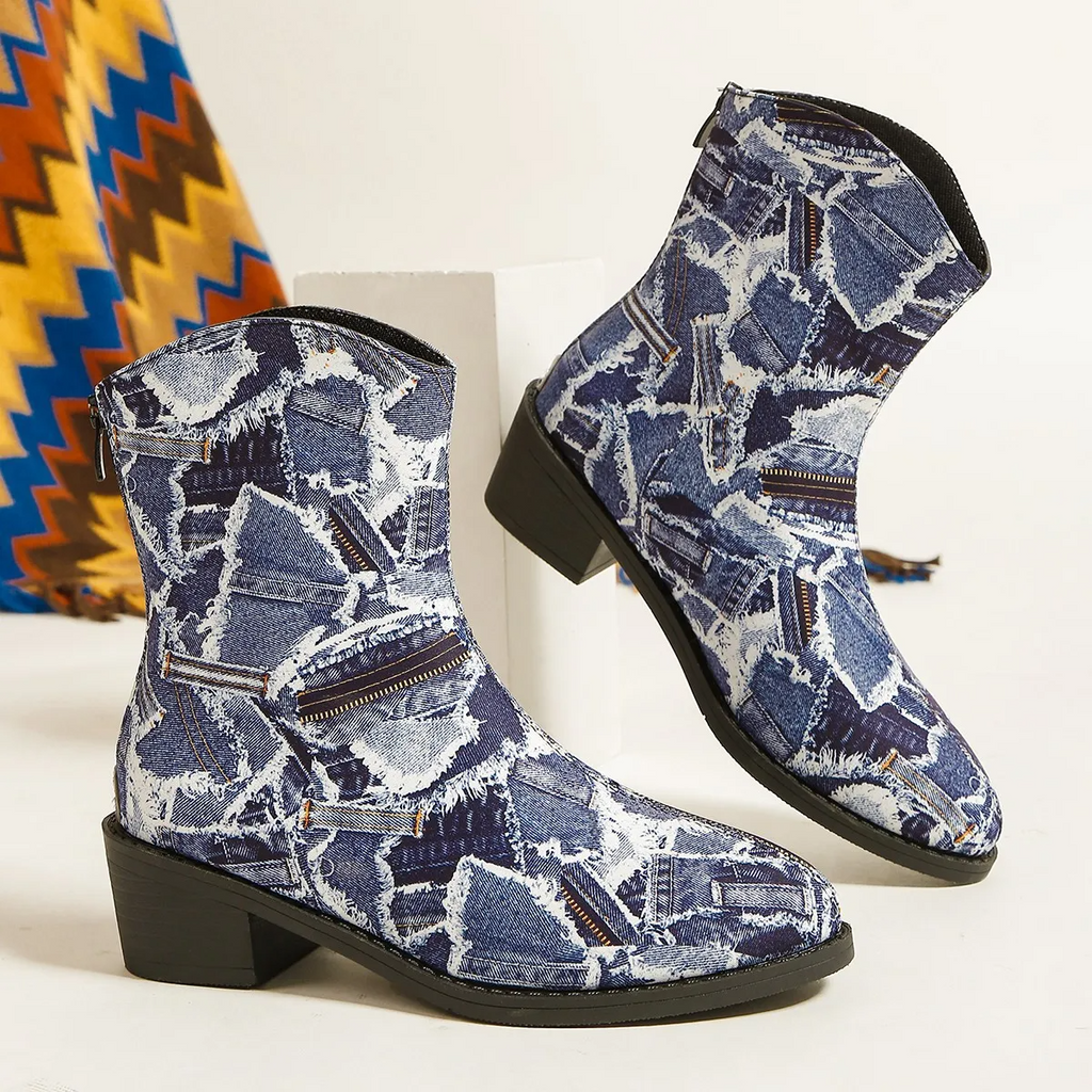 Women Fashion Plus Size Denim Print Pointed Toe Short Boots