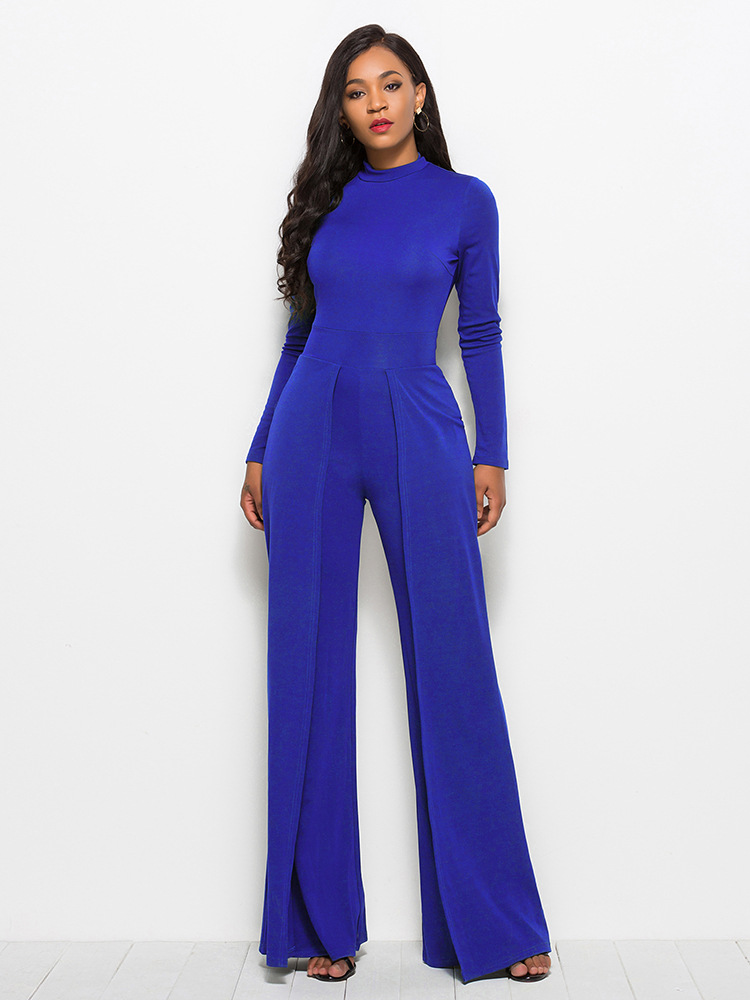 Women Solid Color Round Neck Long Sleeve Waist Slim Fashion Wide Leg Jumpsuit