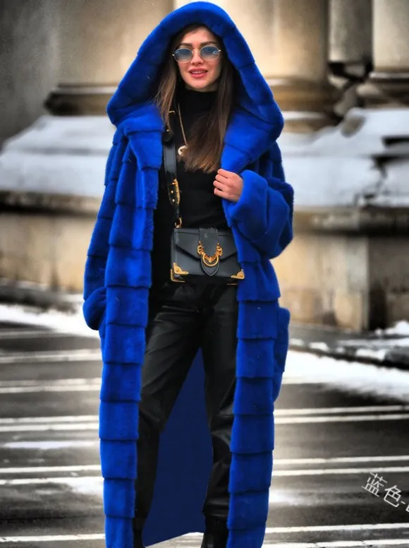 Winter Women Fashion Imitation Fur Hooded Plush Long Coat