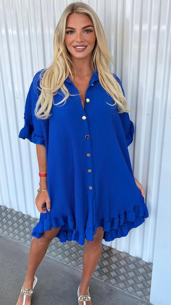 Casual Fashion Women Solid Color Ruffled Short Sleeve Loose Shirt Dress