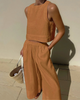 Women Summer Vacation Casual Loose Solid Color Sleeveless Top Wide Leg Pants Two Piece Set