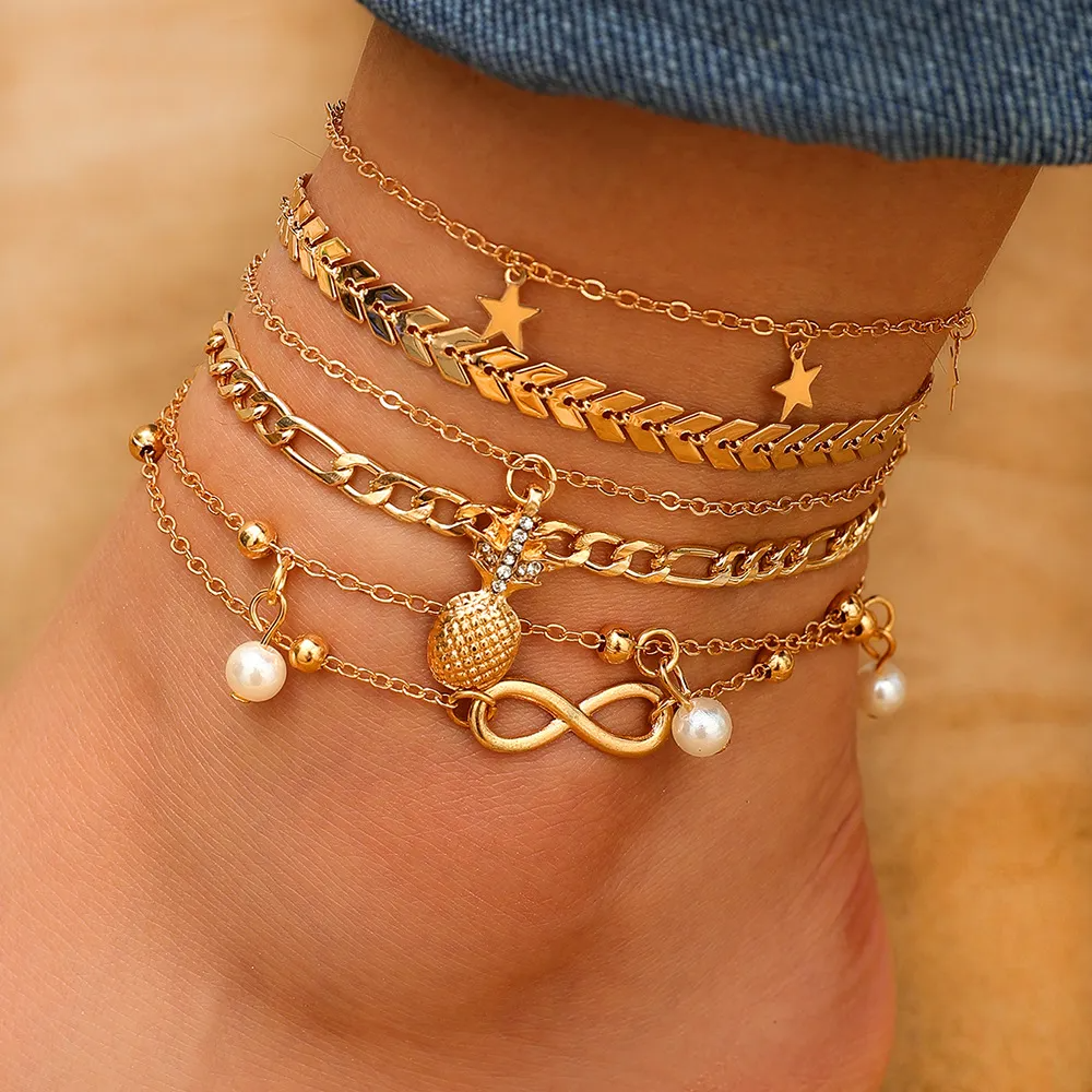 (Buy 1 Get 2) Women Fashion Vacation Beach Star Tassel Pineapple Pendant Anklet Set