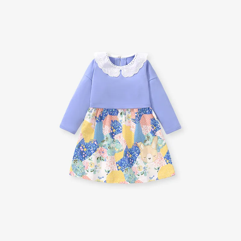 Kids Toddler Big Girls Spring Autumn Fashion Casual Cute Solid Color Tiny Flower Ruffled Long Sleeve Dress