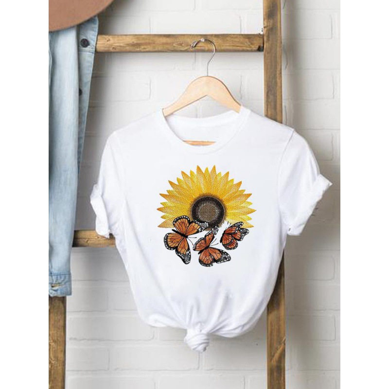 2 Pieces  Women'S Cartoon Cute Butterfly Print Round Neck Short Sleeve T-Shirt