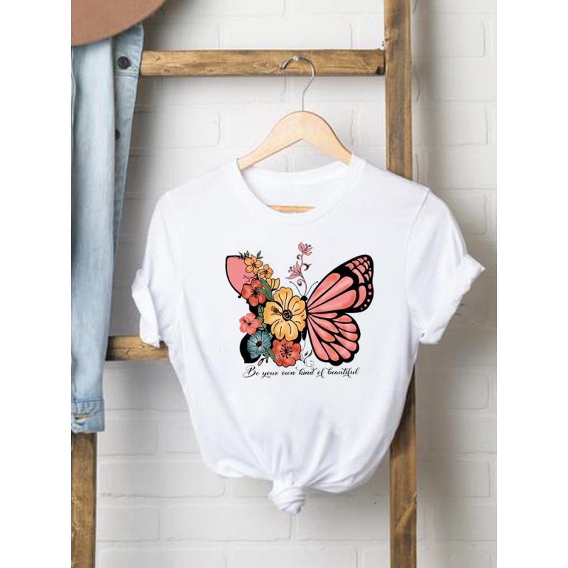 2 Pieces  Women'S Cartoon Cute Butterfly Print Round Neck Short Sleeve T-Shirt