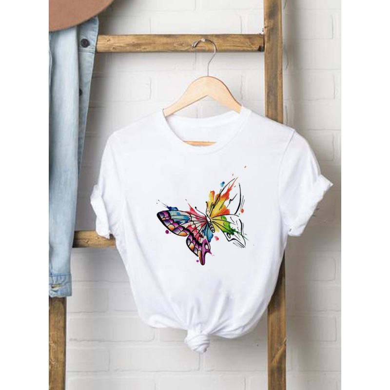 2 Pieces  Women'S Cartoon Cute Butterfly Print Round Neck Short Sleeve T-Shirt