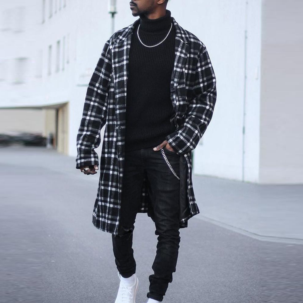 Men Fashion Plaid Mid Length Coat