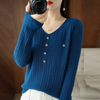 Women Solid Color Urban Casual Office Chic Slim-Fit V-Neck Knitted Long-Sleeved Tops Knitwear