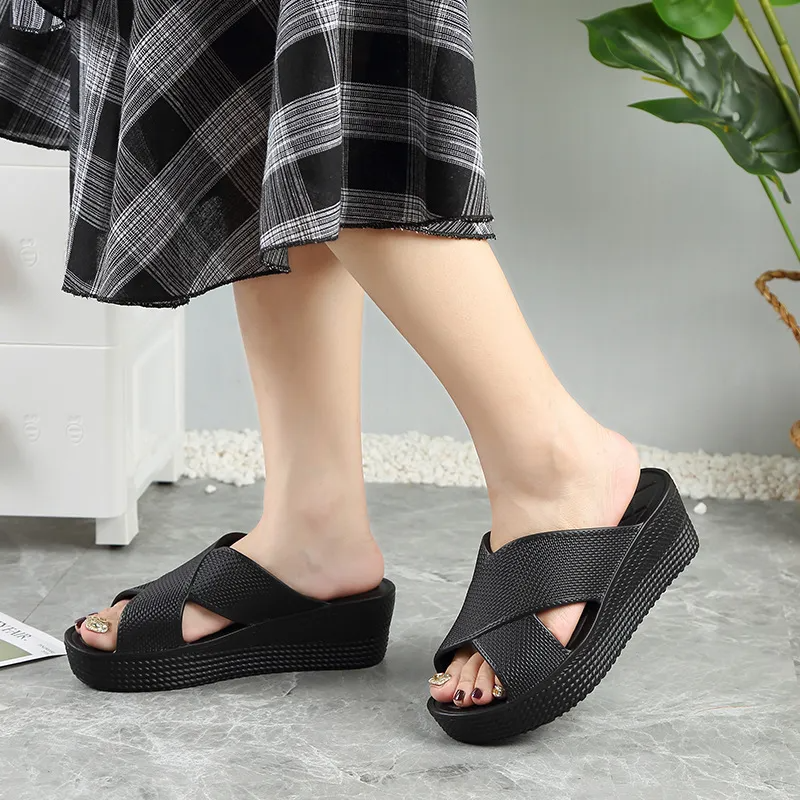 (2 pairs) Women Fashion Solid Color Cross Thick-Soled Wedge Heel Round Toe Slippers