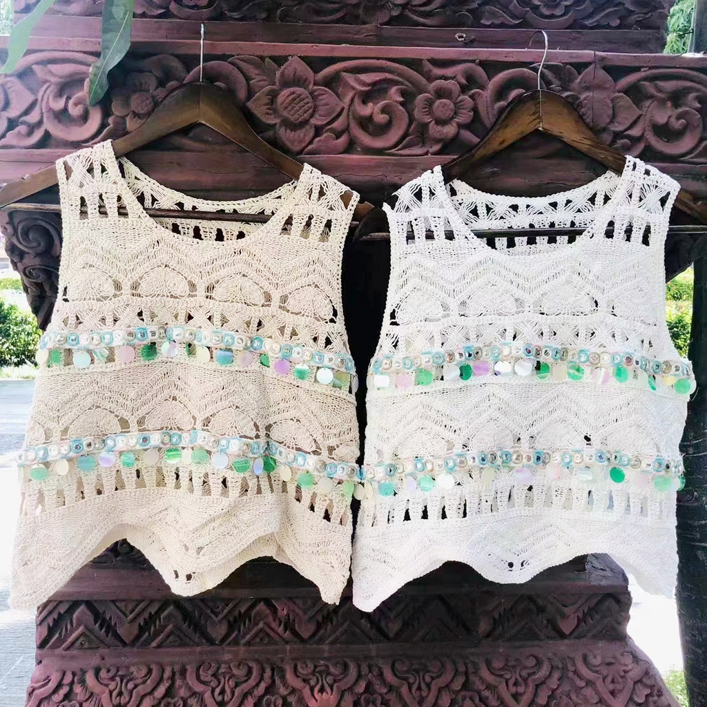 Women Fashion Ethnic Style Hollow Crochet Knitting Solid Color Camisole