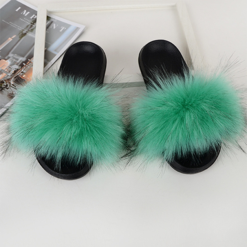 ( 2 pair ) Wholesale Women Winter Fashion Plus Size Faux Fox Fur Plush Flat Slippers