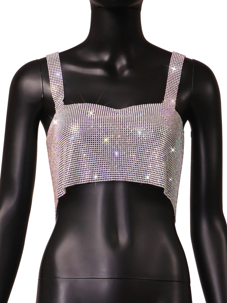 Nightclub Back Slit Metal Sheet Rhinestone Tie Chain Sling Crop Top