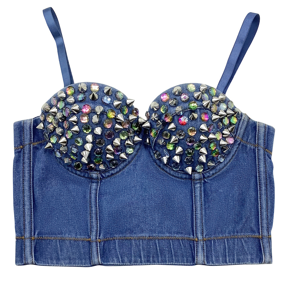 Women Fashion Rhinestone Studs Denim Camisole Corset