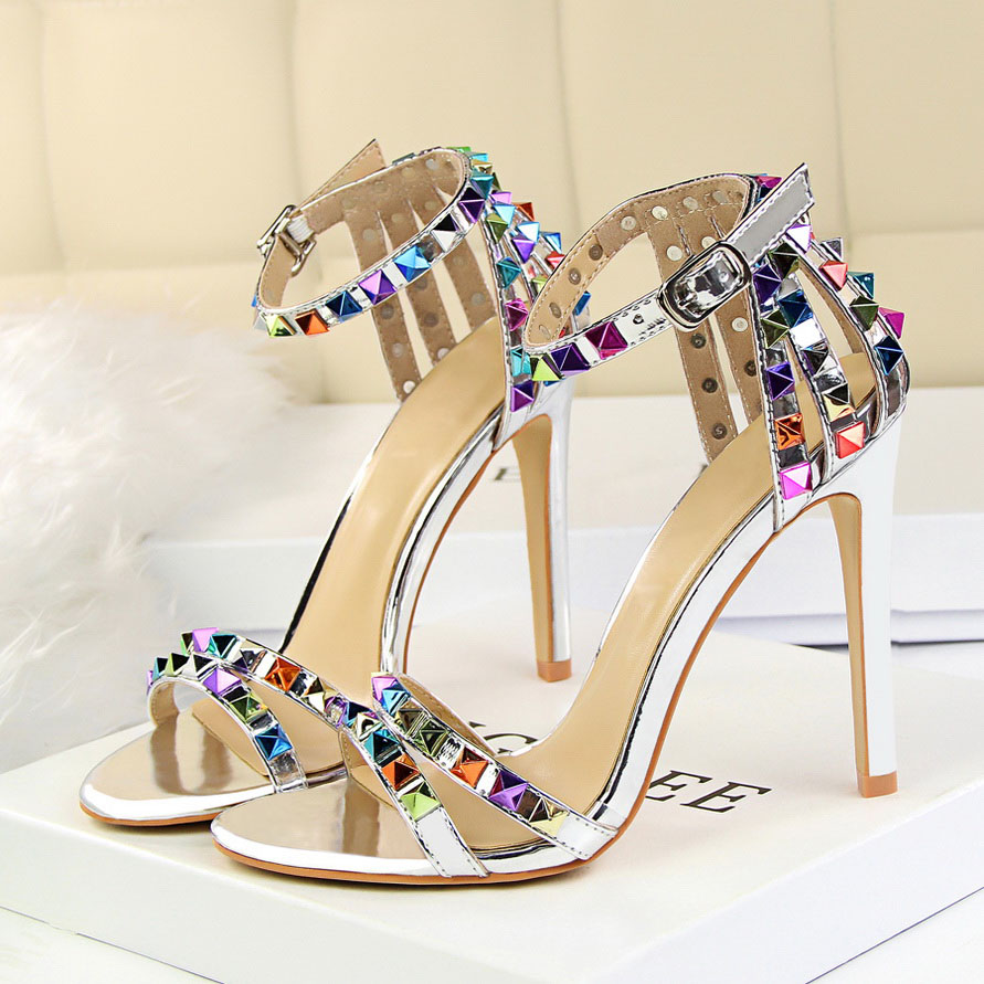 Fashion Women Sexy 11cm High Heels Rivets Studded Sandals Ankle Buckle Strap Stiletto Shoes