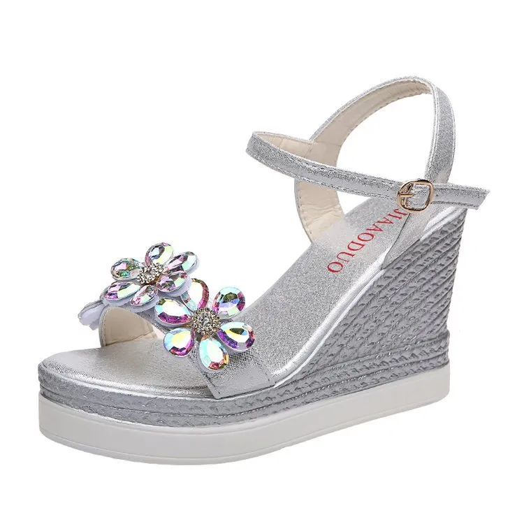 Women Fashion Simple Rhinestone Flower Wedge Heel Thick-Soled Sandals