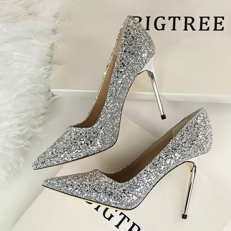 Women Sexy Shining Sequins Decor Pointed-Toe Stiletto Shoes Pumps