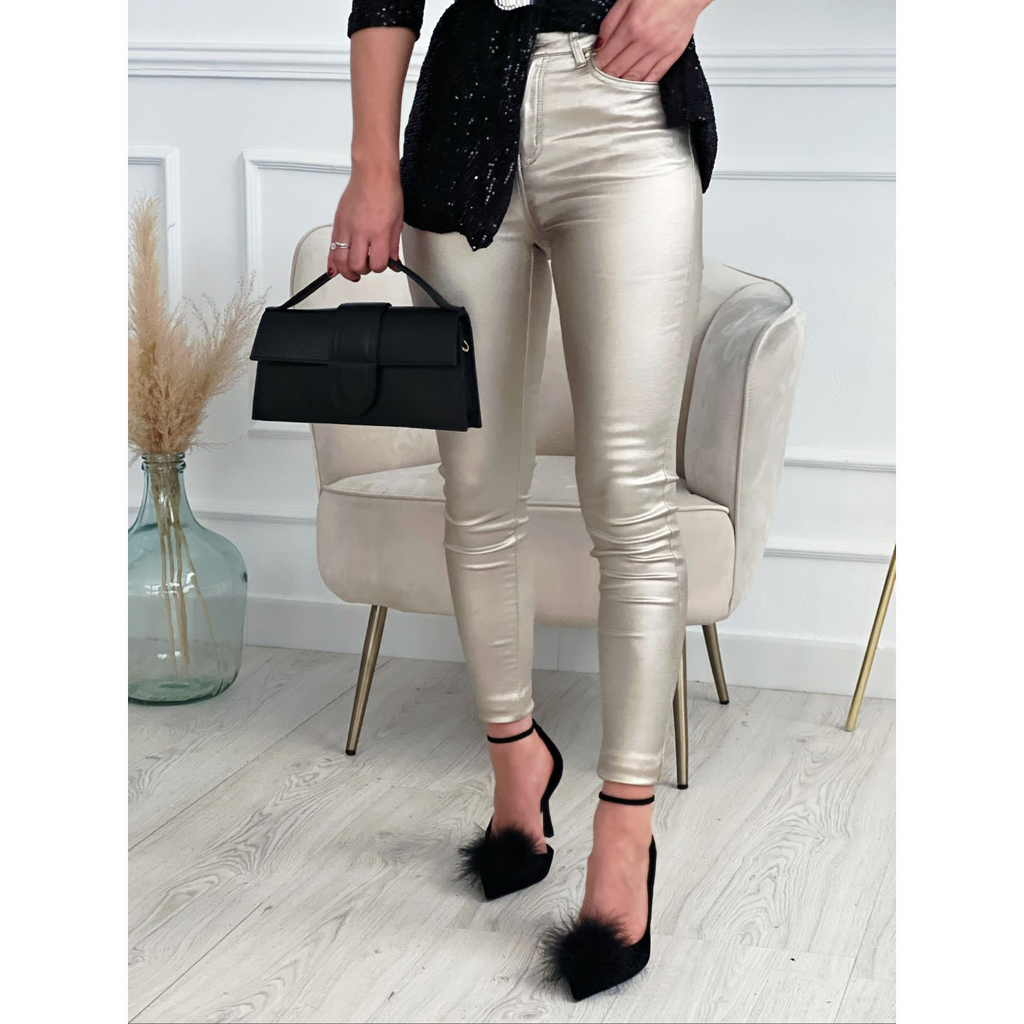 Women Casual Tight Pocket Design Metallic Solid Skinny Pants