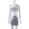 Women Silver One Shoulder Top And High Waist Skirt Stylish Sexy Two-Piece Set