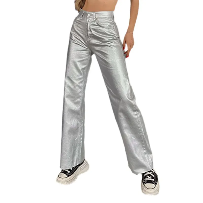 Y2k Women Fashion Edgy Pu Glossy Loose Pants