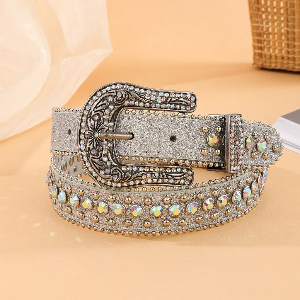 Women Fashion Casual Solid Color Punk Rivet PU Rhinestone Metal Buckle Belt