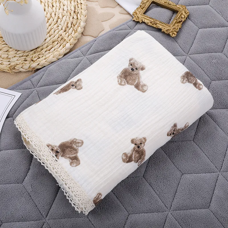 (Buy 1 Get 1) Baby Double-Layer Solid Color Swaddle Blanket Cotton Muslin Swaddles With Lace Edge(100*120cm )