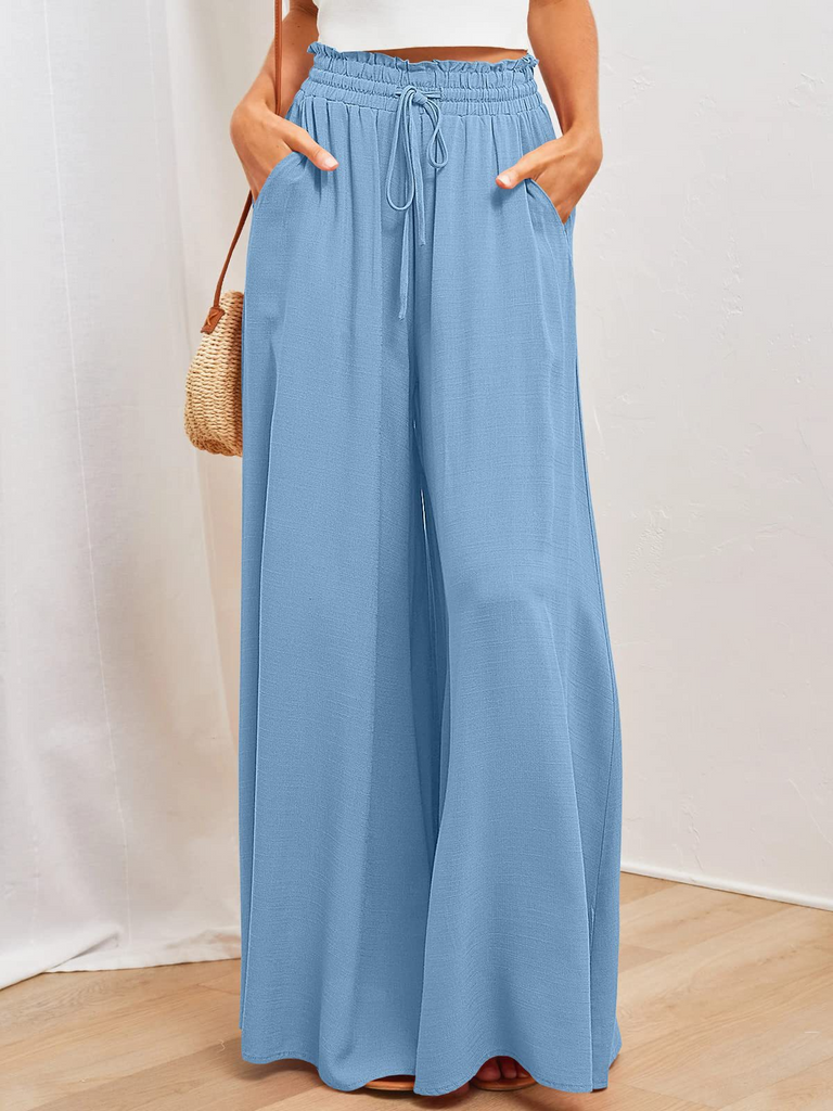 Women Fashion Casual Solid Color Elastic Waist Wide Leg Pants