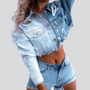 Women Fashion Short Retro Contrast Color Ripped Long-Sleeved Denim Coat