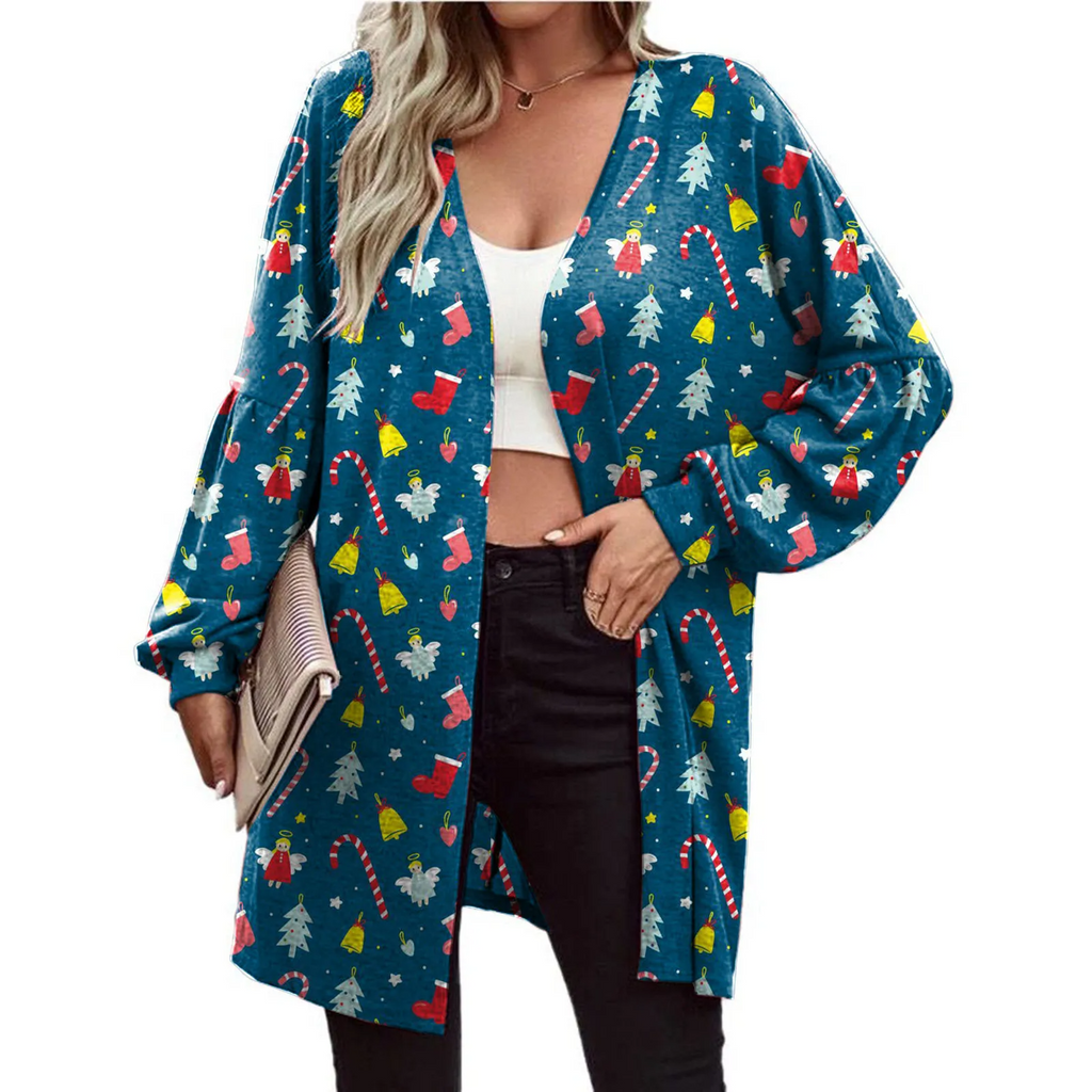 Women Fashion Cartoon Christmas Snowman Snowflake Print Long Sleeve Cardigan Jacket