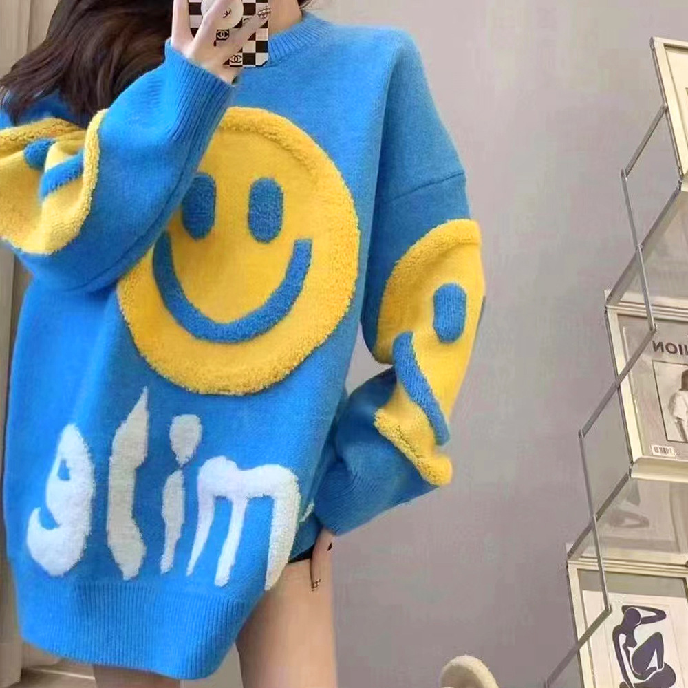 Women Fashion Winter Loose Plush Smiley Knitted Sweater