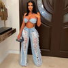 Women Denim Crop Bra Top And Ripped Fringe Trousers Two-Piece Set