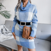 Women Casual Elegant Winter Plaid Turtle Neck Color Blocking Knitted Dress