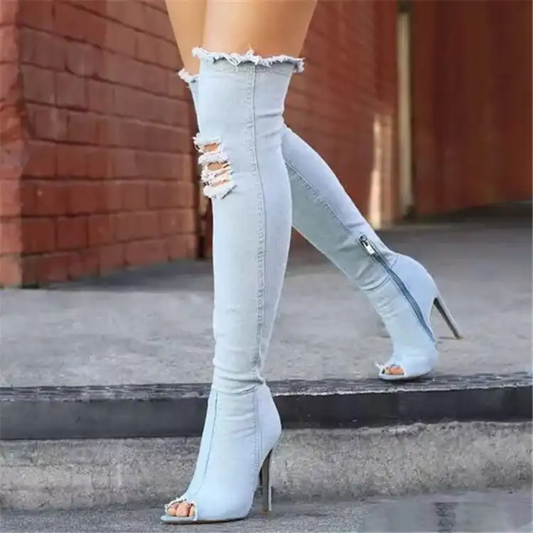 Women Solid Color Denim Open Toe Over The Knee Boots