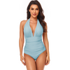 Women Simple Solid Color Shirring Halter Neck One-Piece Swimwear