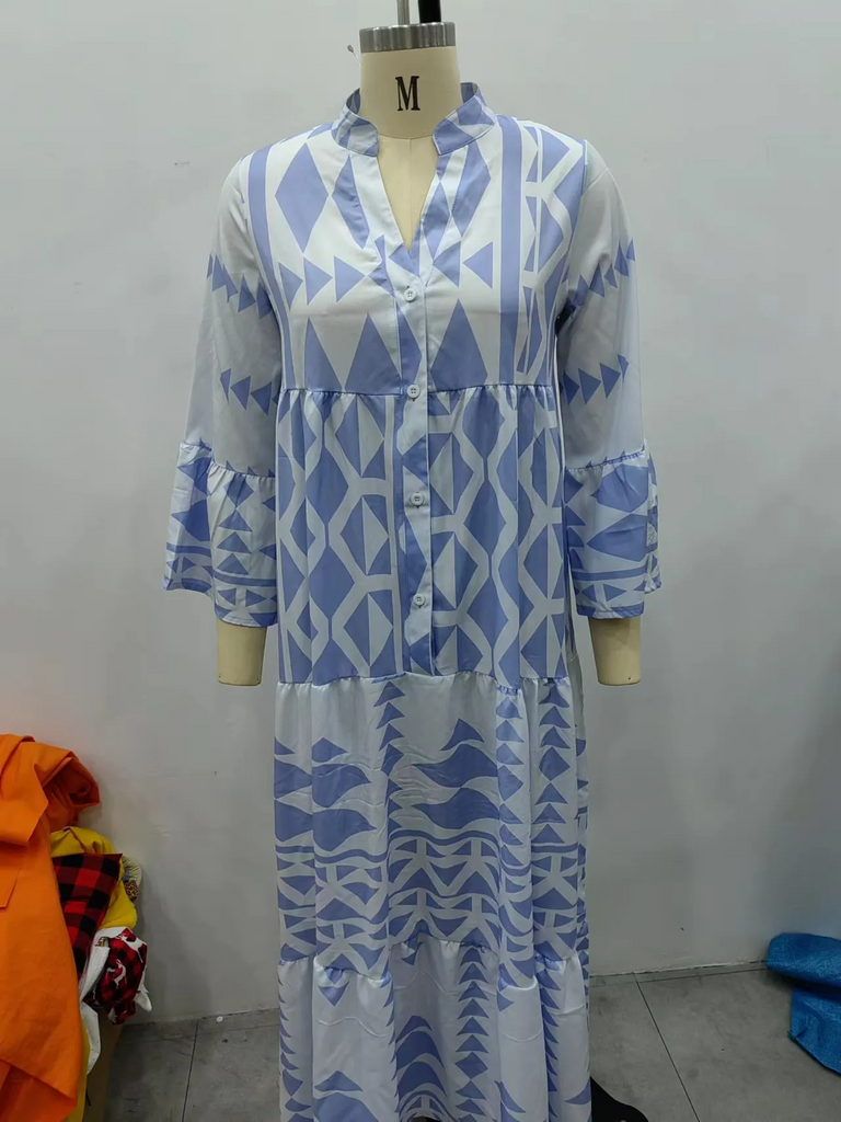 Women Casual Geometry Printing V-Neck Long Sleeve Dress