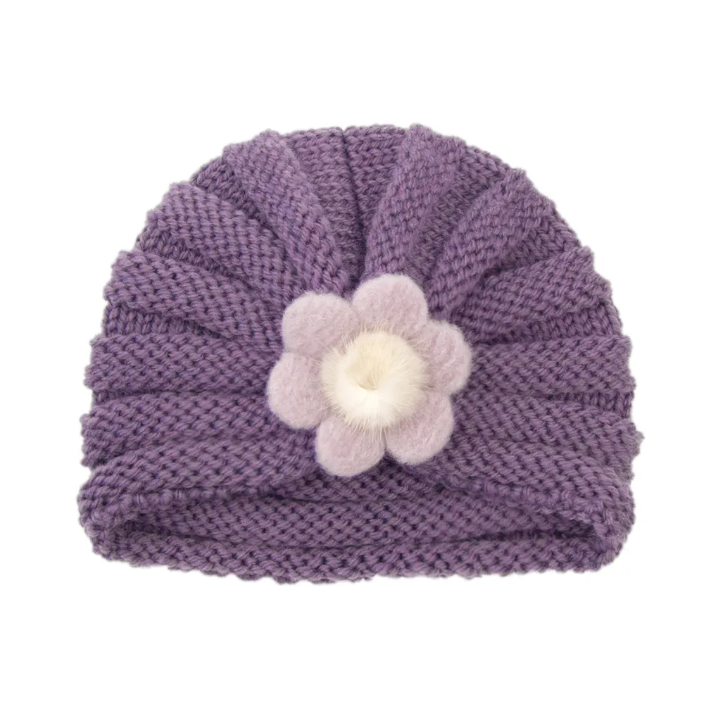 Kids Simple Solid Color Big Flower Warm Woolen Knitted Pullover Hat