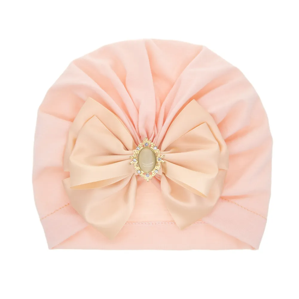 Kids Simple Solid Color Big Bow Rhinestone Pullover Hat