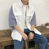 Men Creative Splicing Lapel Single-Breasted Design Striped Half-Sleeved Shirt