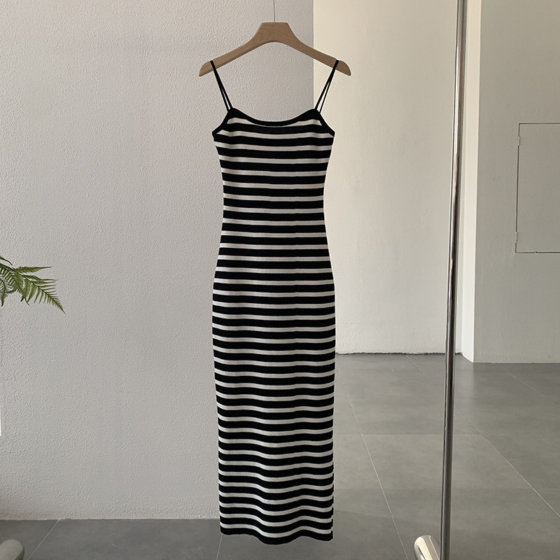 Summer Women Stripe Knitted Blocking Color Basic Sling Dress