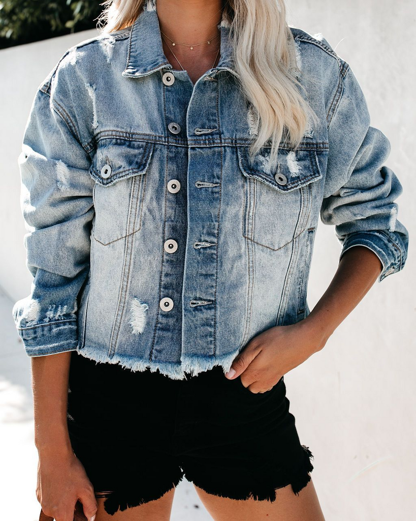 Women Casual Long Sleeve Cropped Slim Single-Breasted Denim Jacket