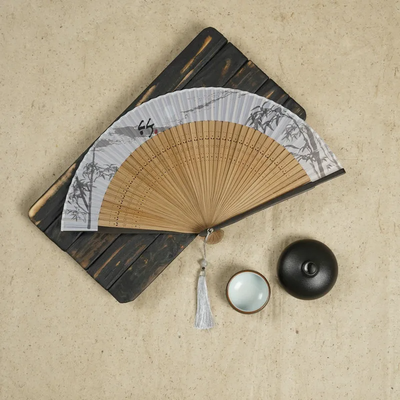 (Buy 1 Get 1) Chinese Style Hand-Painted Plum Blossom Bamboo Fan Tassel 6 Inch Antique Folding Fan