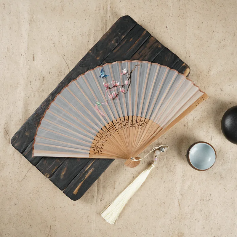 (Buy 1 Get 1) Vintage Chinese Style Silk Embroidered Tassel Folding Fan