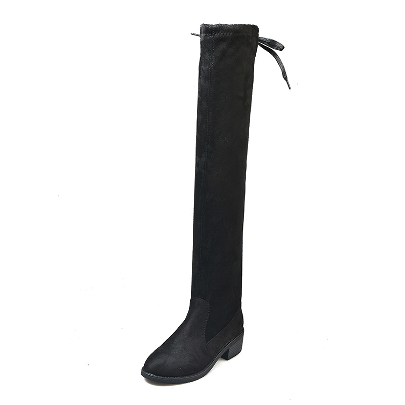 Women Fashion Plus Size Solid Color Over-The-Knee Fleece Flat Stretch Leather Boots