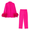 Women Fashion Solid Color Cuff Feather Trim Suit And Pants Two-Piece Set